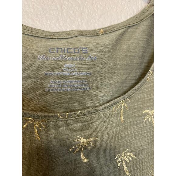 Chico’s The Ultimate Tee Olive Green Palm Tree Print Short Sleeve Size 1 (Med) - Picture 4 of 10